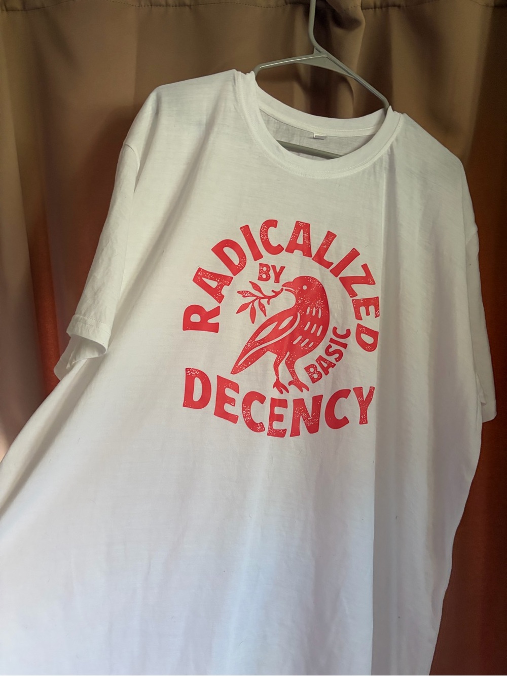 Radicalized Decency White T-Shirt with Red Graphic